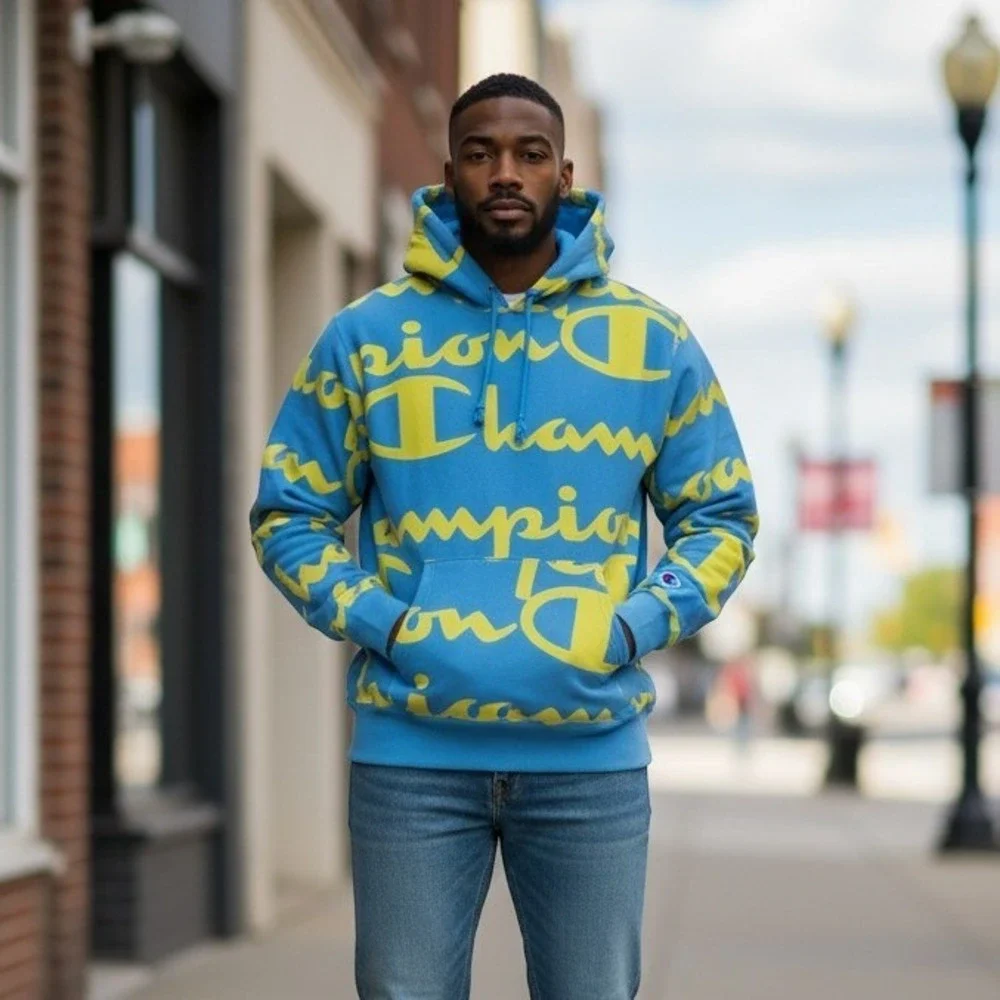 Champion Reverse Weave Hoodie Mens XL Blue Yellow All Over Script Logo Retro 90s